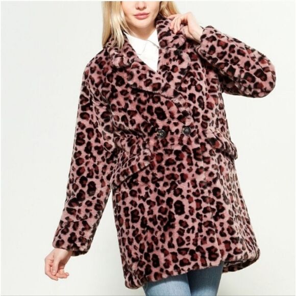 NEW Steve Madden faux fur vegan pink leopard mob wife jacket coat M - Picture 1 of 12